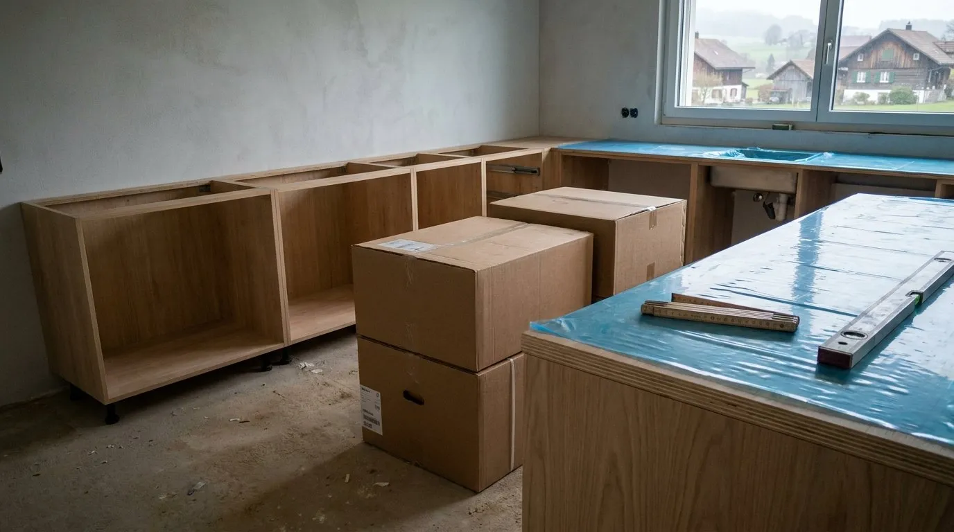 Cuisine en cours de montage, caissons alignés contre le mur sans façades, cartons d'électroménager fermés au sol, mètre et niveau posés sur un plan de travail.