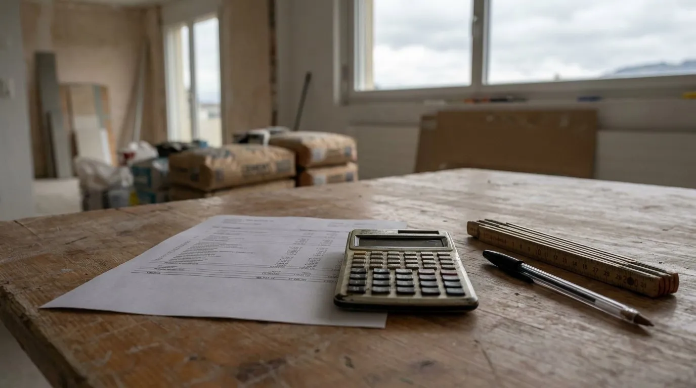 Un devis de cuisine imprimé posé sur une table en bois, à côté d'une calculatrice et d'un mètre pliant, dans un logement en travaux.