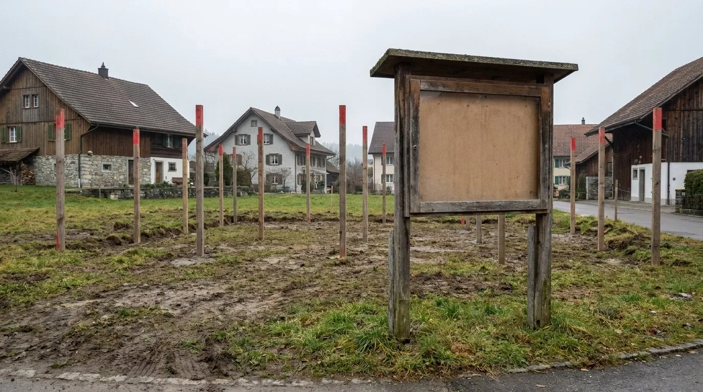 Panneau d'enquête publique vide, planté au bord d'une parcelle boueuse dans un village suisse, entouré des gabarits en bois à pointes rouges qui marquent l'emprise d'un futur bâtiment.