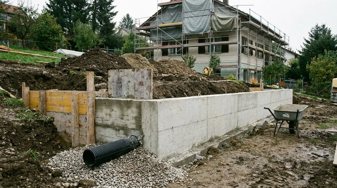 Mur de soutènement en béton en cours de construction dans un jardin en pente, coffrage partiellement décoffré, tuyau de drainage et gravier au pied du mur, terrain excavé derrière.