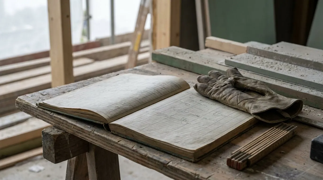 Carnet de rapports de régie posé sur un établi d'artisan, colonnes d'heures remplies au crayon, gants de travail et mètre à côté.