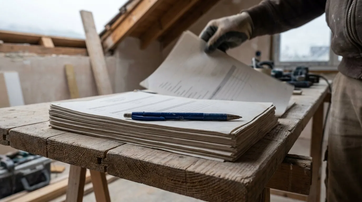 Épaisse liasse de pages de contrat posée sur un établi de chantier, un stylo bille dessus, une main gantée qui soulève une page, charpente et outils à l'arrière-plan.