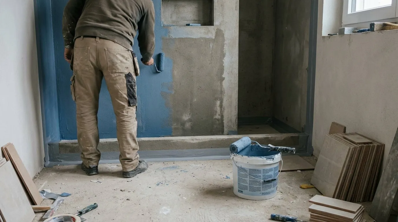 Membrane d'étanchéité bleue appliquée dans une niche de douche, bande de renfort collée à la jonction du sol et du mur.